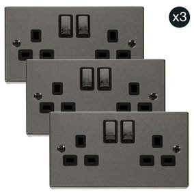 3 PACK - Black Nickel 2 Gang 13A DP Ingot Twin Double Switched Plug Socket - Black Trim - SE Home