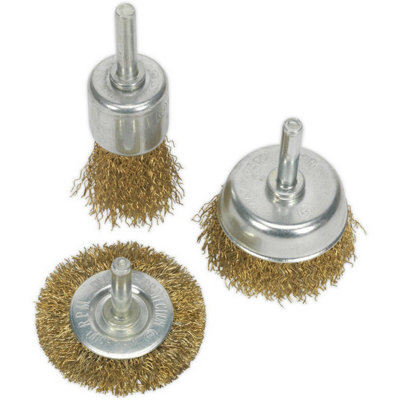 3 PACK Brassed Steel Wire Brush Set - 6mm Diameter Shaft - Up to 4500 ...