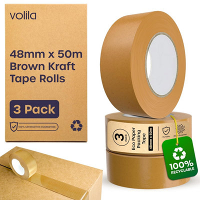 3-Pack Brown Kraft Paper Tape - Eco-Friendly Heavy Duty Parcel Tape for Packaging, Moving, Framing & Crafting (48mm x 50m)