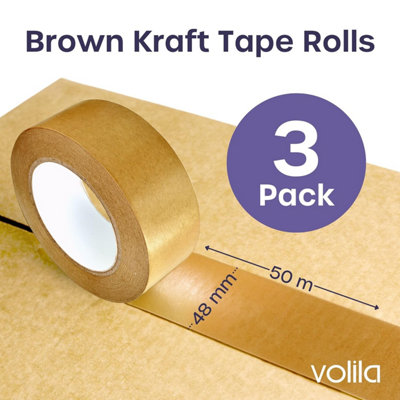 3-Pack Brown Kraft Paper Tape - Eco-Friendly Heavy Duty Parcel Tape for Packaging, Moving, Framing & Crafting (48mm x 50m)
