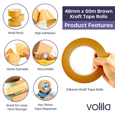 3-Pack Brown Kraft Paper Tape - Eco-Friendly Heavy Duty Parcel Tape for Packaging, Moving, Framing & Crafting (48mm x 50m)