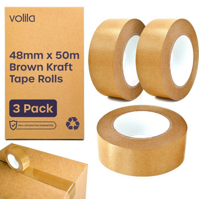 3-Pack Brown Kraft Paper Tape Rolls Heavy Duty Recyclable Packaging Tape for Moving, Framing, and Parcel Sealing (48mm x 50m)