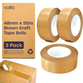 3-Pack Brown Kraft Paper Tape Rolls Heavy Duty Recyclable Packaging Tape for Moving, Framing, and Parcel Sealing (48mm x 50m)