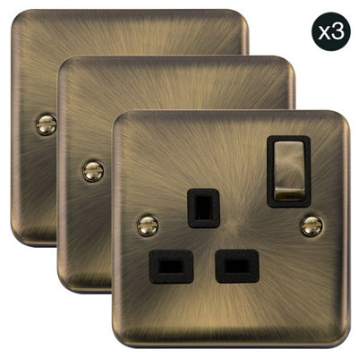 3 PACK - Curved Antique Brass 1 Gang 13A DP Ingot Switched Plug Socket - Black Trim - SE Home