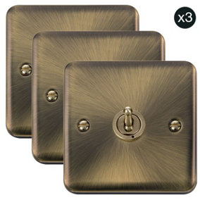 3 PACK - Curved Antique Brass 1 Gang 2 Way 10AX Toggle Light Switch - SE Home
