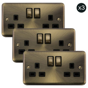 3 PACK - Curved Antique Brass 2 Gang 13A DP Ingot Twin Double Switched Plug Socket - Black Trim - SE Home