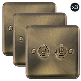 3 PACK - Curved Antique Brass 2 Gang 2 Way 10AX Toggle Light Switch - SE Home
