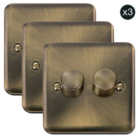 3 PACK - Curved Antique Brass 2 Gang 2 Way LED 100W Trailing Edge Dimmer Light Switch - SE Home