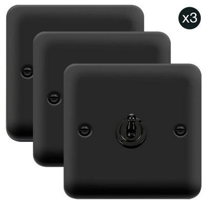 3 PACK - Curved Matt Black 1 Gang 2 Way 10AX Toggle Light Switch - SE Home