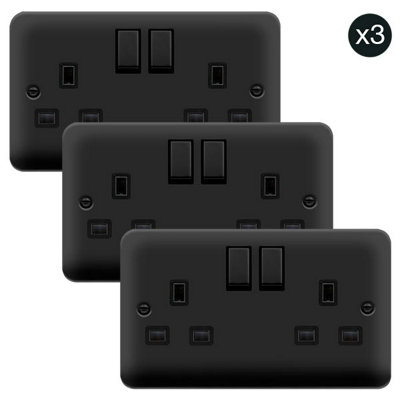 3 PACK - Curved Matt Black 2 Gang 13A DP Ingot Twin Double Switched Plug Socket - Black Trim - SE Home