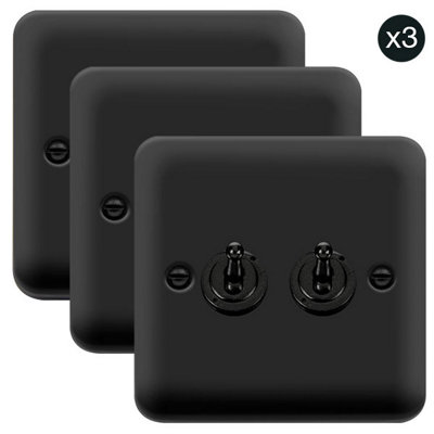 3 PACK - Curved Matt Black 2 Gang 2 Way 10AX Toggle Light Switch - SE Home