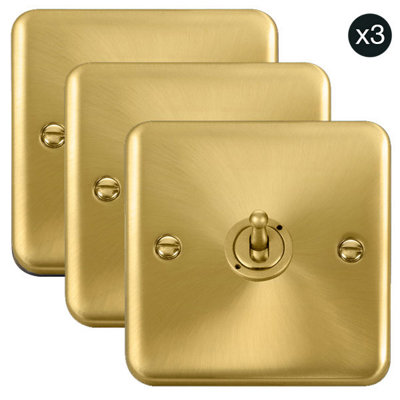 3 PACK - Curved Satin / Brushed Brass 1 Gang 2 Way 10AX Toggle Light Switch - SE Home