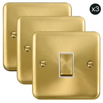 3 PACK - Curved Satin / Brushed Brass 10A 1 Gang 2 Way Ingot Light Switch - White Trim - SE Home