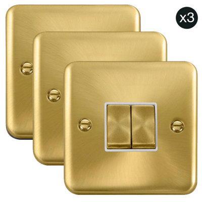 3 PACK - Curved Satin / Brushed Brass 10A 2 Gang 2 Way Ingot Light Switch - White Trim - SE Home