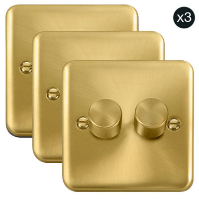 3 PACK - Curved Satin / Brushed Brass 2 Gang 2 Way LED 100W Trailing Edge Dimmer Light Switch - SE Home