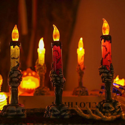 Halloween Skeleton Hand Candle Holders – 3-Pack Flickering LED Flameless Candles With Skull Base, Battery Operated, Indoor/Outdoor Spooky Decor