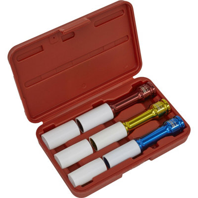 3 PACK Long Reach Alloy Wheel Impact Socket Set - 1/2" Sq Drive - Sleeved Bits