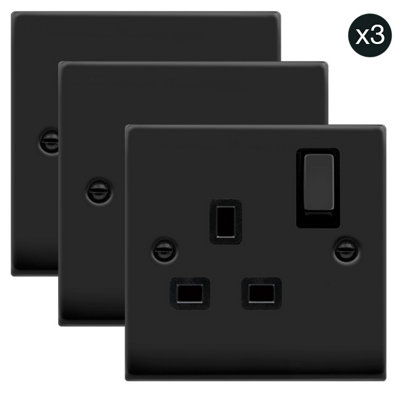 3 PACK - Matt Black 1 Gang 13A DP Ingot Switched Plug Socket - Black Trim - SE Home