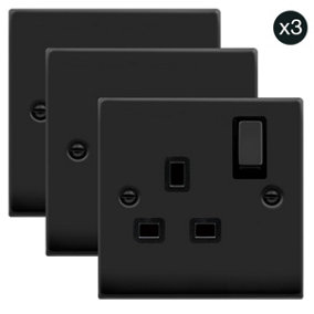 3 PACK - Matt Black 1 Gang 13A DP Ingot Switched Plug Socket - Black Trim - SE Home
