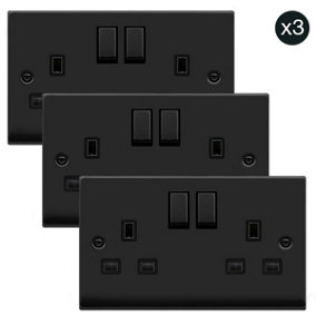 3 PACK - Matt Black 2 Gang 13A DP Ingot Twin Double Switched Plug Socket - Black Trim - SE Home