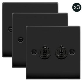 3 PACK - Matt Black 2 Gang 2 Way 10AX Toggle Light Switch - SE Home