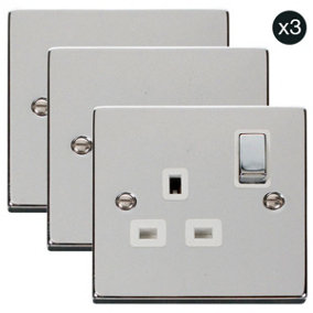 3 PACK - Polished Chrome 1 Gang 13A DP Ingot Switched Plug Socket - White Trim - SE Home