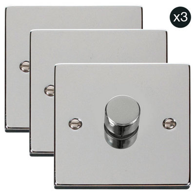 3 PACK - Polished Chrome 1 Gang 2 Way LED 100W Trailing Edge Dimmer Light Switch - SE Home