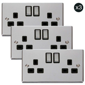 3 PACK - Polished Chrome 2 Gang 13A DP Ingot Twin Double Switched Plug Socket - Black Trim - SE Home