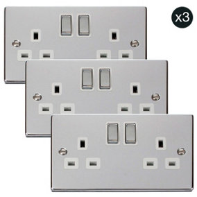 3 PACK - Polished Chrome 2 Gang 13A DP Ingot Twin Double Switched Plug Socket - White Trim - SE Home
