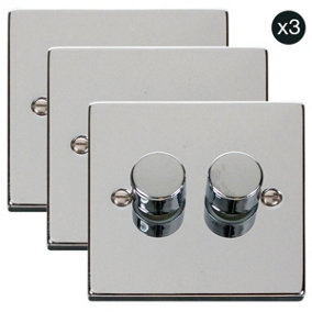 3 PACK - Polished Chrome 2 Gang 2 Way LED 100W Trailing Edge Dimmer Light Switch - SE Home