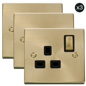3 PACK - Satin / Brushed Brass 1 Gang 13A DP Ingot Switched Plug Socket - Black Trim - SE Home