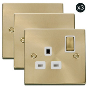 3 PACK - Satin / Brushed Brass 1 Gang 13A DP Ingot Switched Plug Socket - White Trim - SE Home