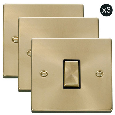 3 PACK - Satin / Brushed Brass 10A 1 Gang 2 Way Ingot Light Switch - Black Trim - SE Home