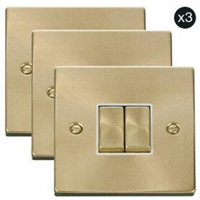 3 PACK - Satin / Brushed Brass 10A 2 Gang 2 Way Ingot Light Switch - White Trim - SE Home