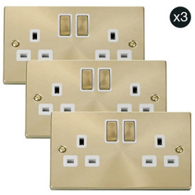 3 PACK - Satin / Brushed Brass 2 Gang 13A DP Ingot Twin Double Switched Plug Socket - White Trim - SE Home