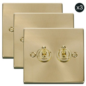 3 PACK - Satin / Brushed Brass 2 Gang 2 Way 10AX Toggle Light Switch - SE Home