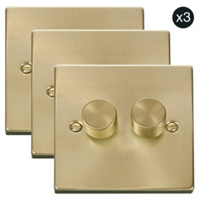 3 PACK - Satin / Brushed Brass 2 Gang 2 Way LED 100W Trailing Edge Dimmer Light Switch - SE Home