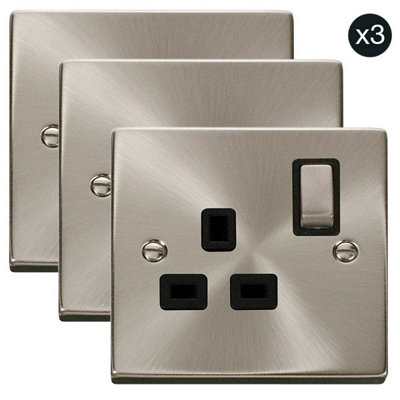 3 PACK - Satin / Brushed Chrome 1 Gang 13A DP Ingot Switched Plug Socket - Black Trim - SE Home