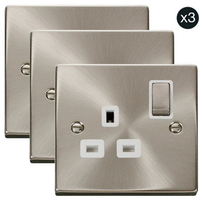 3 PACK - Satin / Brushed Chrome 1 Gang 13A DP Ingot Switched Plug Socket - White Trim - SE Home