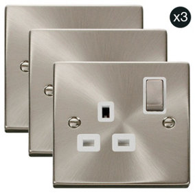 3 PACK - Satin / Brushed Chrome 1 Gang 13A DP Ingot Switched Plug Socket - White Trim - SE Home