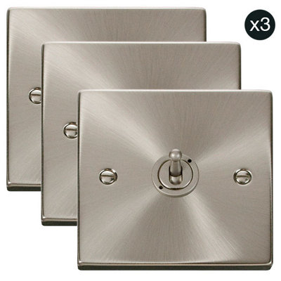 3 PACK - Satin / Brushed Chrome 1 Gang 2 Way 10AX Toggle Light Switch - SE Home