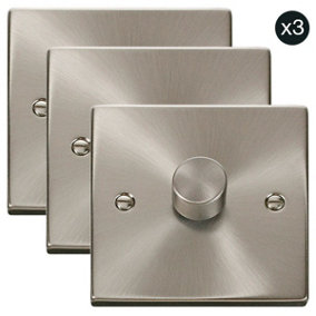 3 PACK - Satin / Brushed Chrome 1 Gang 2 Way LED 100W Trailing Edge Dimmer Light Switch - SE Home