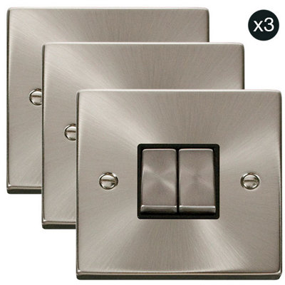 3 PACK - Satin / Brushed Chrome 10A 2 Gang 2 Way Ingot Light Switch - Black Trim - SE Home