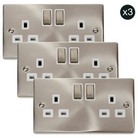 3 PACK - Satin / Brushed Chrome 2 Gang 13A DP Ingot Twin Double Switched Plug Socket - White Trim - SE Home
