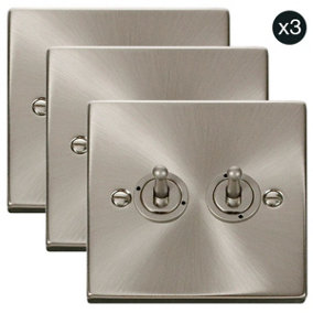 3 PACK - Satin / Brushed Chrome 2 Gang 2 Way 10AX Toggle Light Switch - SE Home