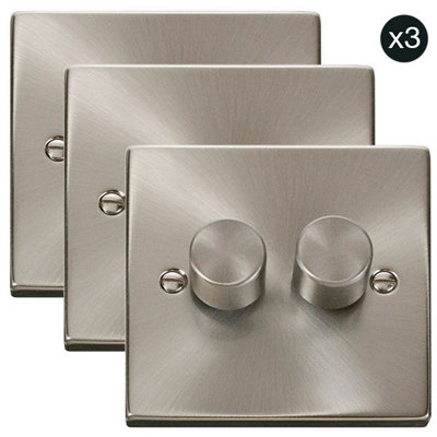 3 PACK - Satin / Brushed Chrome 2 Gang 2 Way LED 100W Trailing Edge Dimmer Light Switch - SE Home