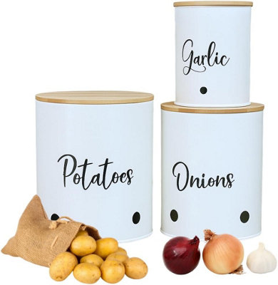 3 Pack Vegetable Storage Tins Stackable White Round Metal Canisters for ...