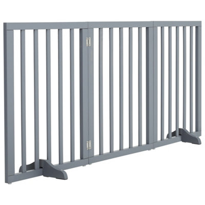 3-Panel Grey Wooden Folding Pet Playpen Freestanding Pet Gate with Fixed Bracket 60.5cm H