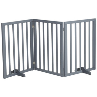 3-Panel Grey Wooden Folding Pet Playpen Freestanding Pet Gate with Fixed Bracket 60.5cm H - 3