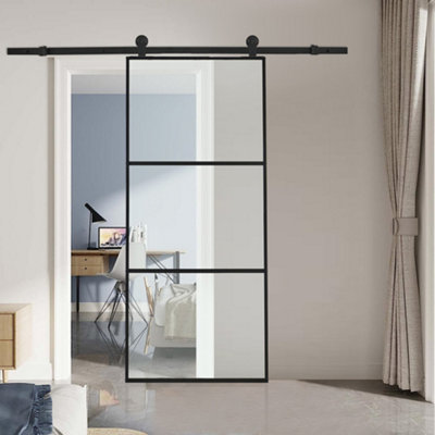 3 Panels Clear Glass Barn Door Interior Sliding Door 90cm W x 205cm H with Hardware Track Kit 1.83m